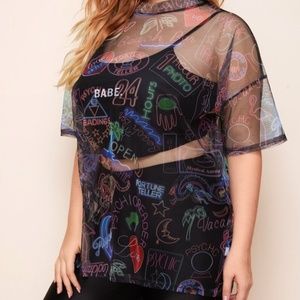 SHEIN NWOT Plus Letter Graphic Sheer Mesh Top